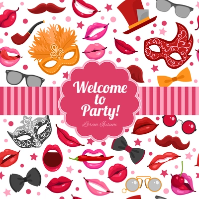 Welcome to birthday party festive invitation in red pink colors with masks and fake mustache symbols vector illustration