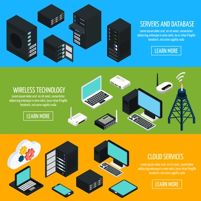 Data center isometric horizontal banners with cloud services servers database and wireless technology on bright background isolated vector illustration