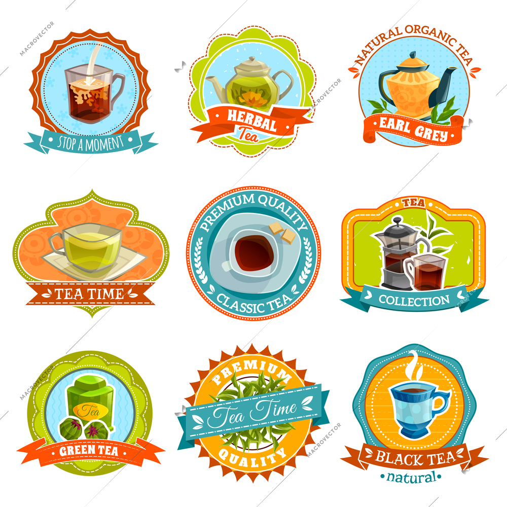 Flat retro styled isolated emblems with different types of tea and accessories vector illustration