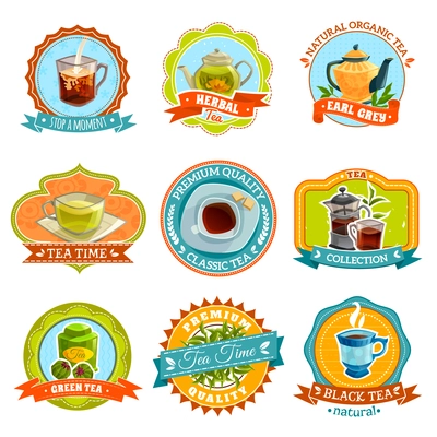 Flat retro styled isolated emblems with different types of tea and accessories vector illustration