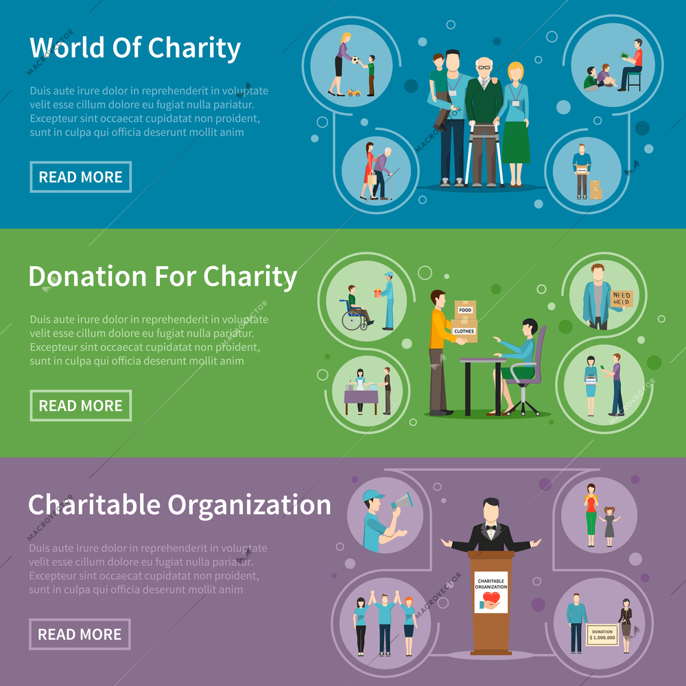 Charity donation flat banners with charitable organizations and volunteers helping needy people vector illustration