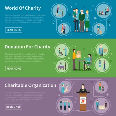 Charity donation flat banners with charitable organizations and volunteers helping needy people vector illustration