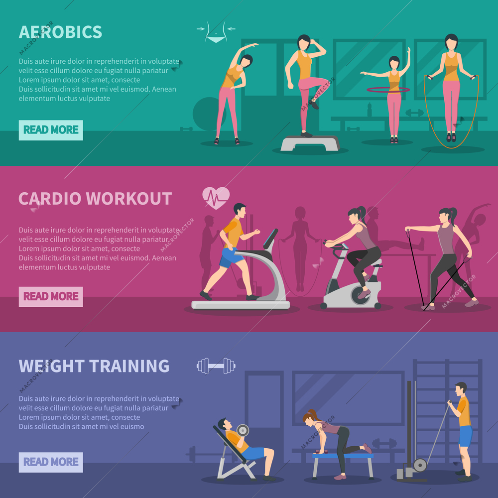 Different kinds of fitness gym training horizontal banners with cardio aerobics and weight training flat vector illustration