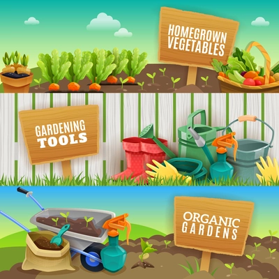 Three colorful gardening horizontal banners with farming tools homegrown vegetables in garden beds and organic fertilizer in handcart flat vector illustration