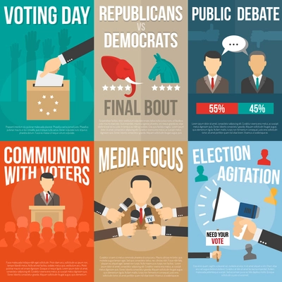 Set of color posters with title about agitation voting and election government isolated vector illustration