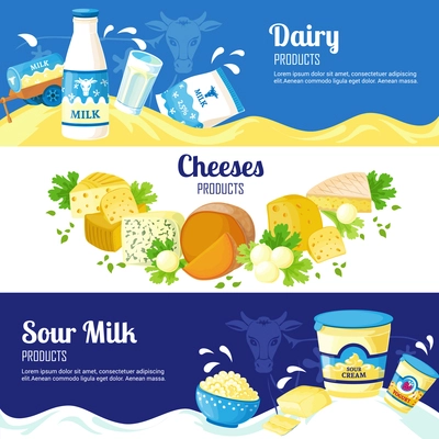 Dairy products horizontal banners with advertising of different cheeses sour cream and milk flat vector illustration