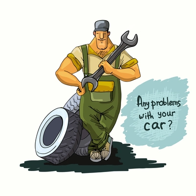 Auto mechanic repair service worker with wrench and tires poster vector illustration