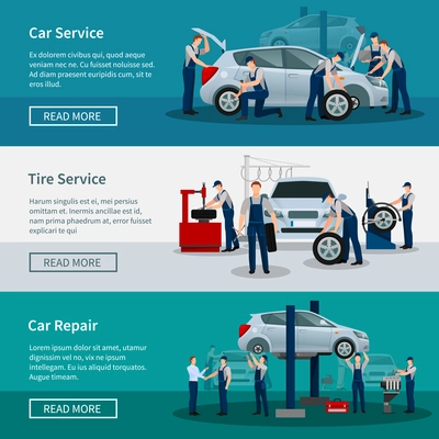 Flat horizontal banners with scenes presents workers in car service tire service and car repair vector illustration