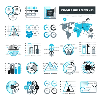 Different infographic elements for analytical or statistical presentation in black and blue color flat isolated vector illustration