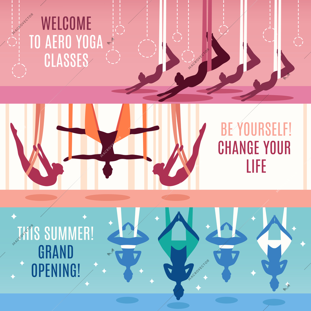 Three aero yoga horizontal banner set with descriptions of to aero yoga classes change your life and grand opening vector illustration