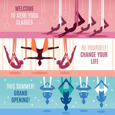 Three aero yoga horizontal banner set with descriptions of to aero yoga classes change your life and grand opening vector illustration