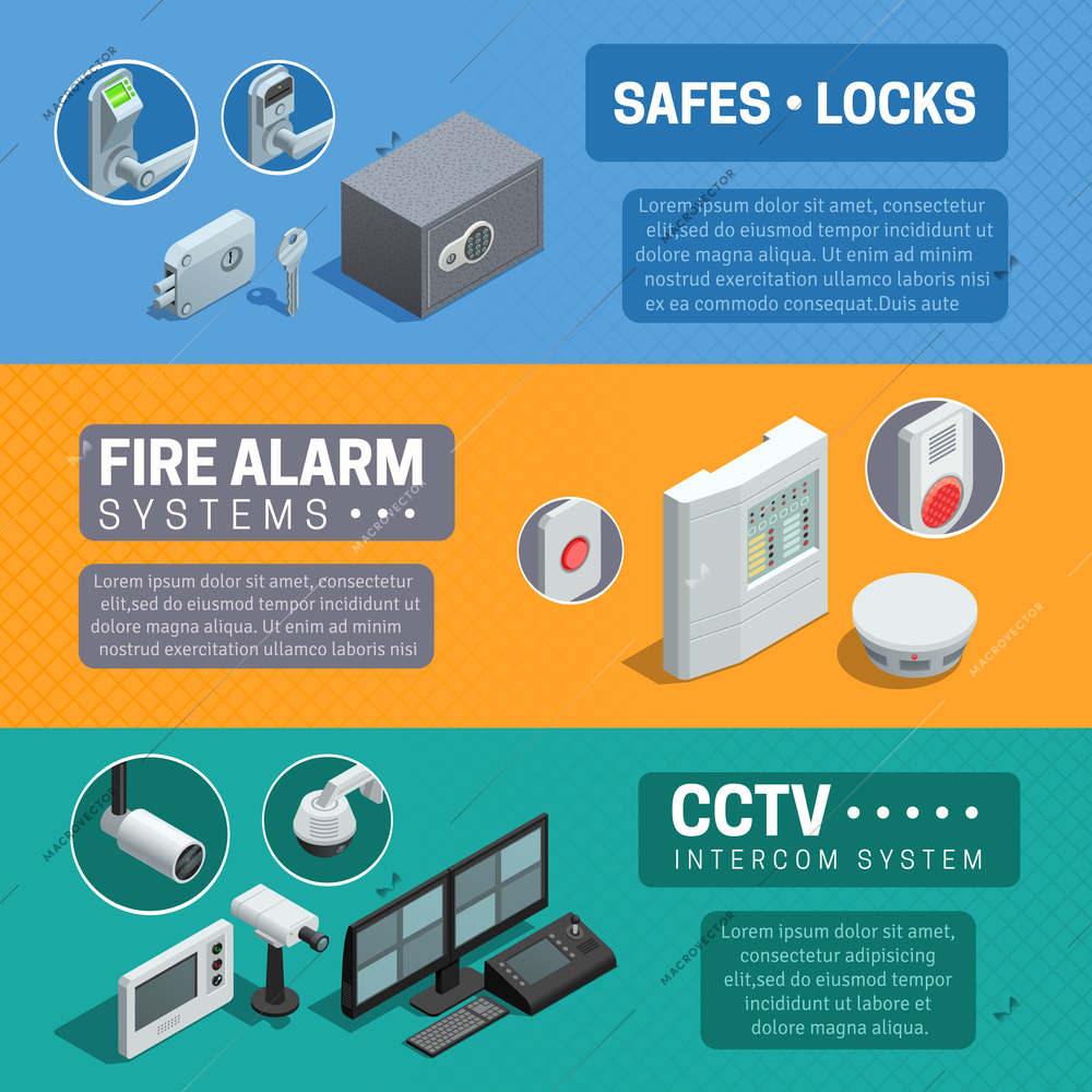 Home security system description 3 horizontal isometric banners set with cctv and fire alarm abstract isolated vector illustration