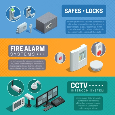 Home security system description 3 horizontal isometric banners set with cctv and fire alarm abstract isolated vector illustration