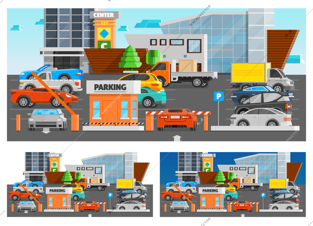 Shopping mall parking orthogonal compositions set with car and trucks flat isolated vector illustration