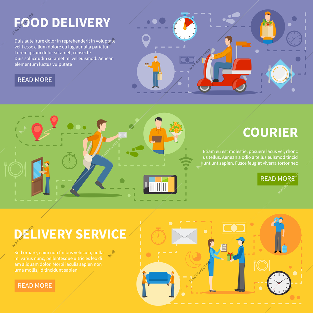 Delivery service and courier people delivering various goods horizontal colorful banners flat vector illustration