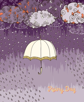 Decorative doodles rainy day weather poster print element with open umbrella and stormy clouds vector illustration