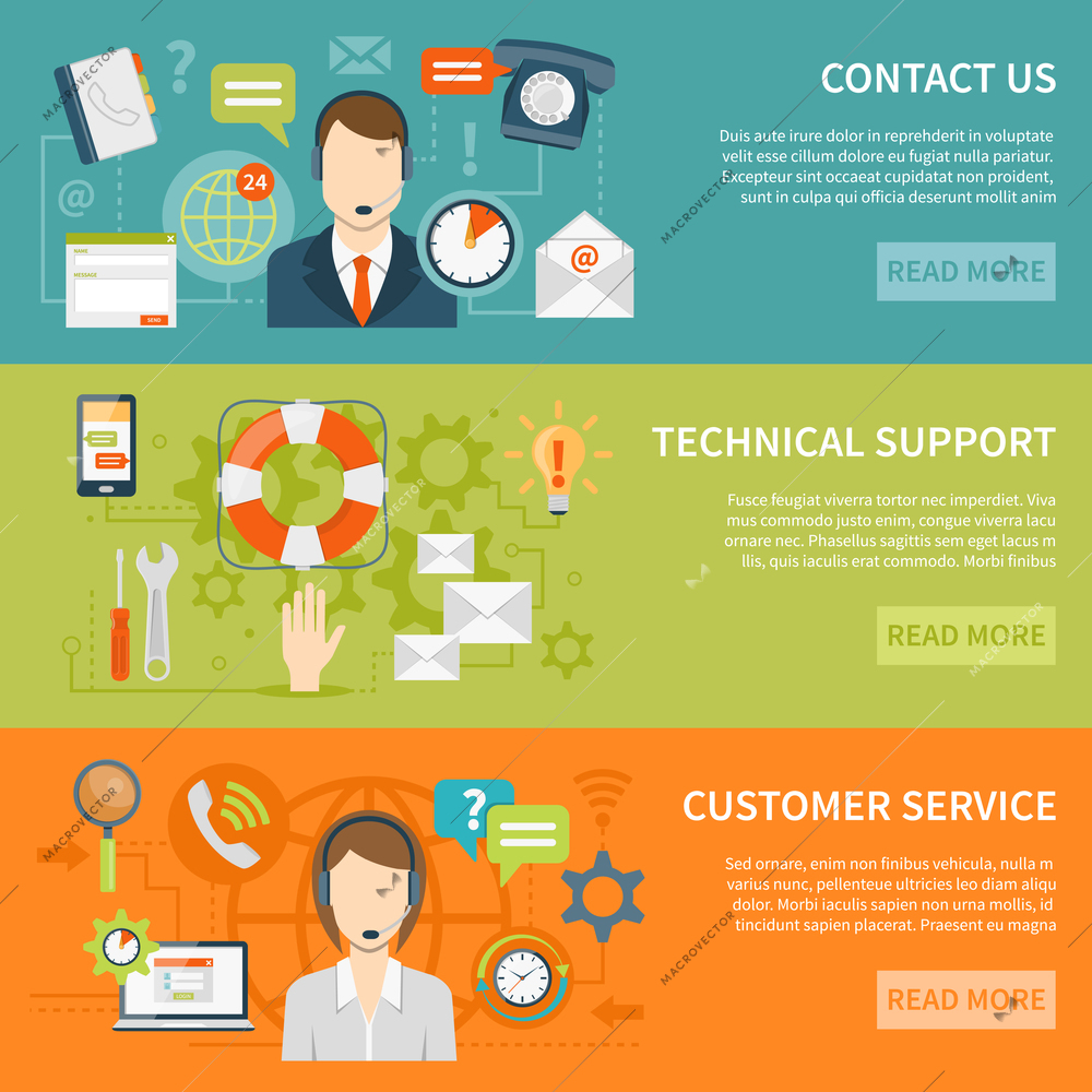 Contact us customer support banners of online and offline technical and other support services flat vector illustration