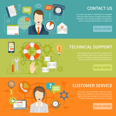 Contact us customer support banners of online and offline technical and other support services flat vector illustration