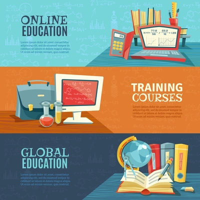 Global modern school education concept with training courses online 3 horizontal banners set abstract isolated vector illustration