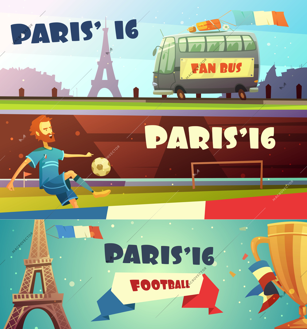 Euro 2016 football championship horizontal banner flat set isolated vector illustration