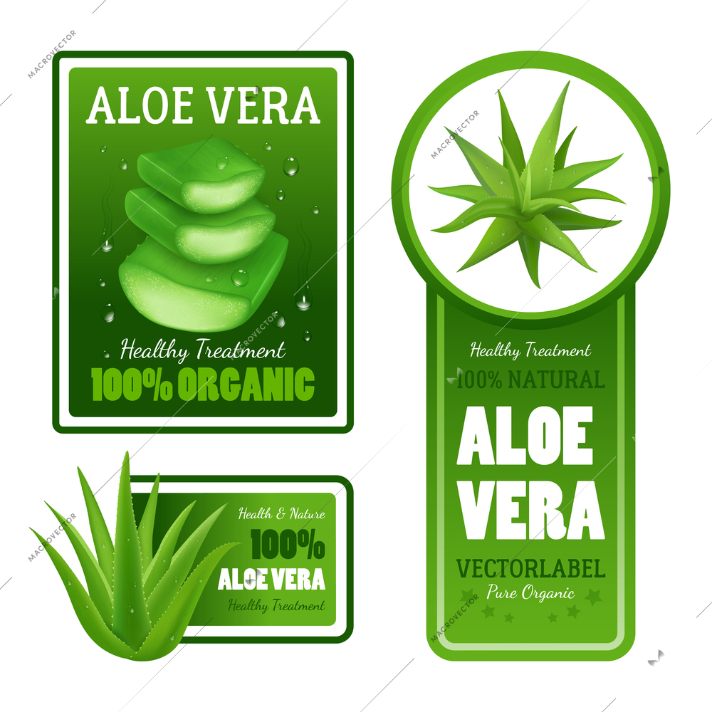 Pure organic natural green aloe vera leaves healthy treatment label banners with text set isolated realistic vector illustration