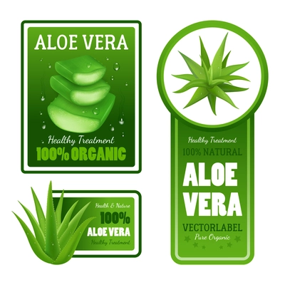 Pure organic natural green aloe vera leaves healthy treatment label banners with text set isolated realistic vector illustration