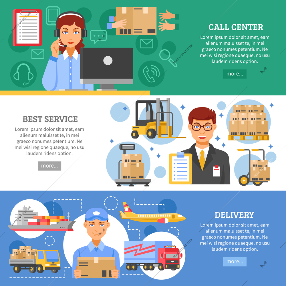 Three horizontal logistics delivery banner set on different themes call center best service and delivery vector illustration