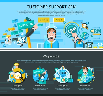 Customer support one page design with advertising symbols flat isolated vector illustration