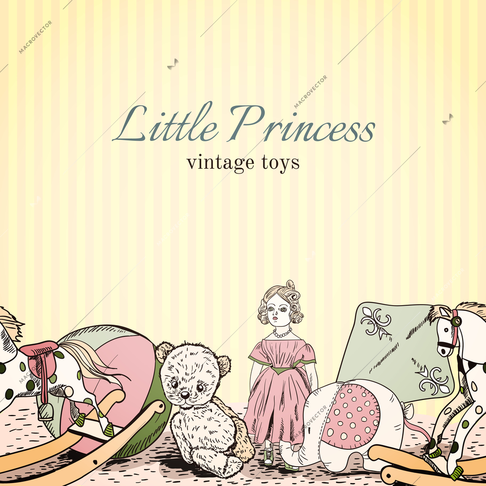 Vintage kids toys shop little princess sketch leaflet template with doll elephant teddy bear vector illustration