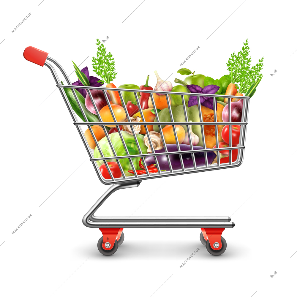 Realistic shopping basket full of organic products with fresh fruits vegetables and greens for healthy nutrition vector illustration