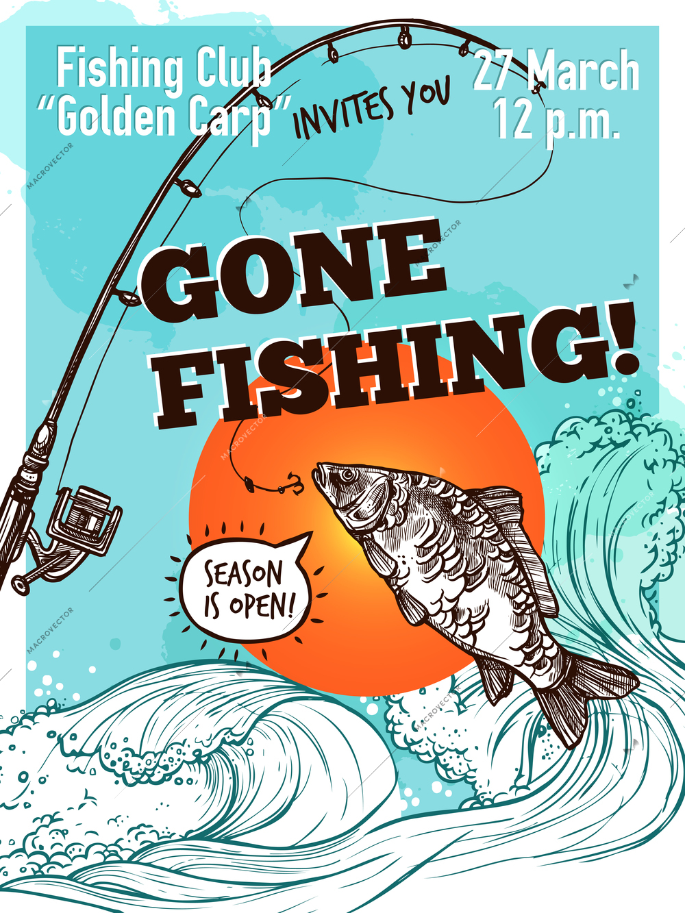 Gone fishing advertising poster of carp fishing rod on background with sea sky and sun sketch vector illustration