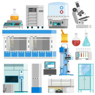 Science flat color isolated icons set of tools for natural sciences research and highly technological laboratory equipment flat vector illustration