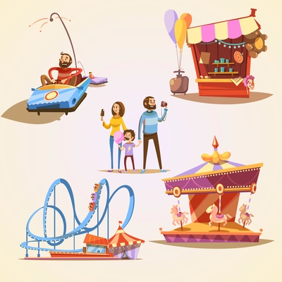 Amusement park cartoon set with retro style attractions isolated vector illustration