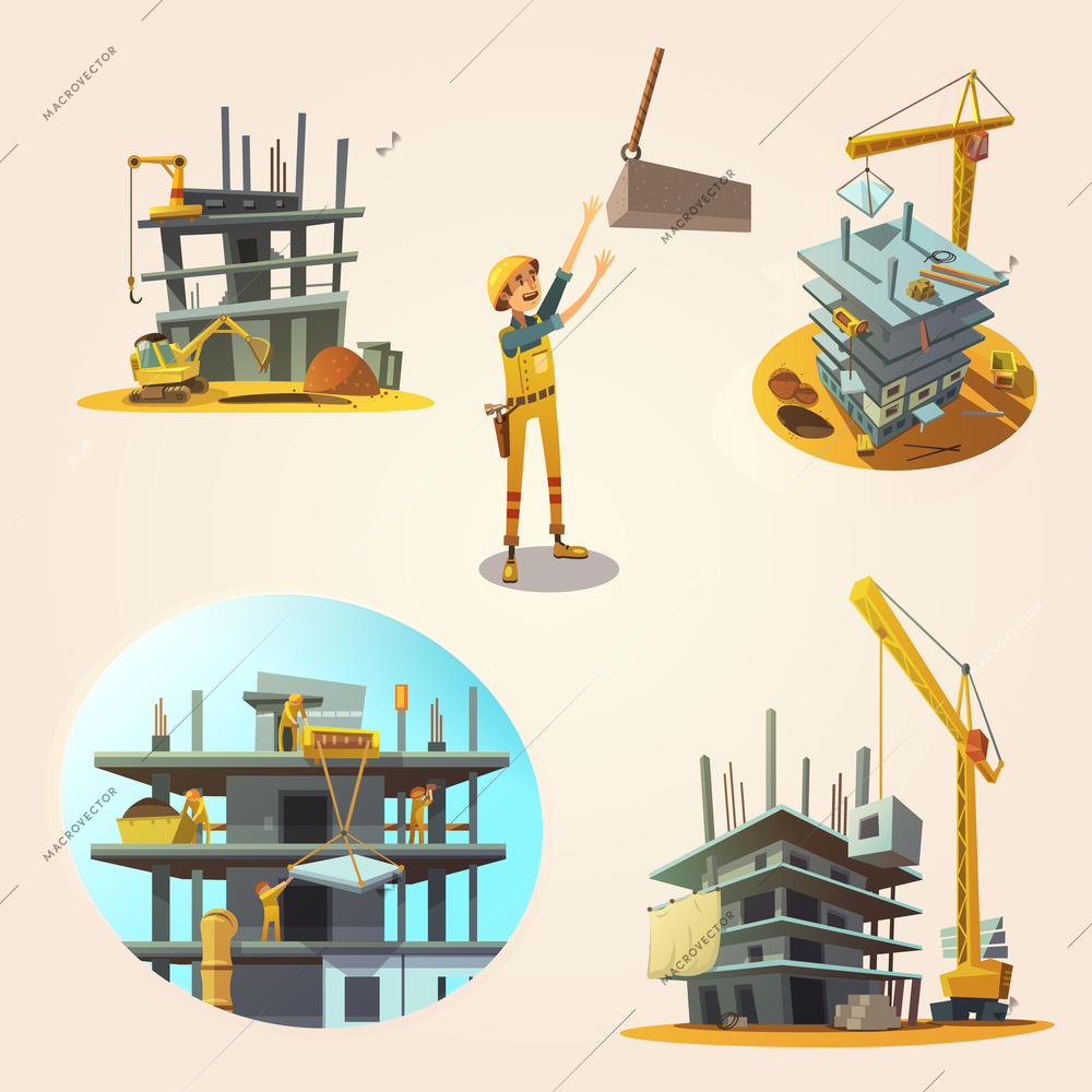 Construction concept set with building process retro cartoon icons isolated vector illustration