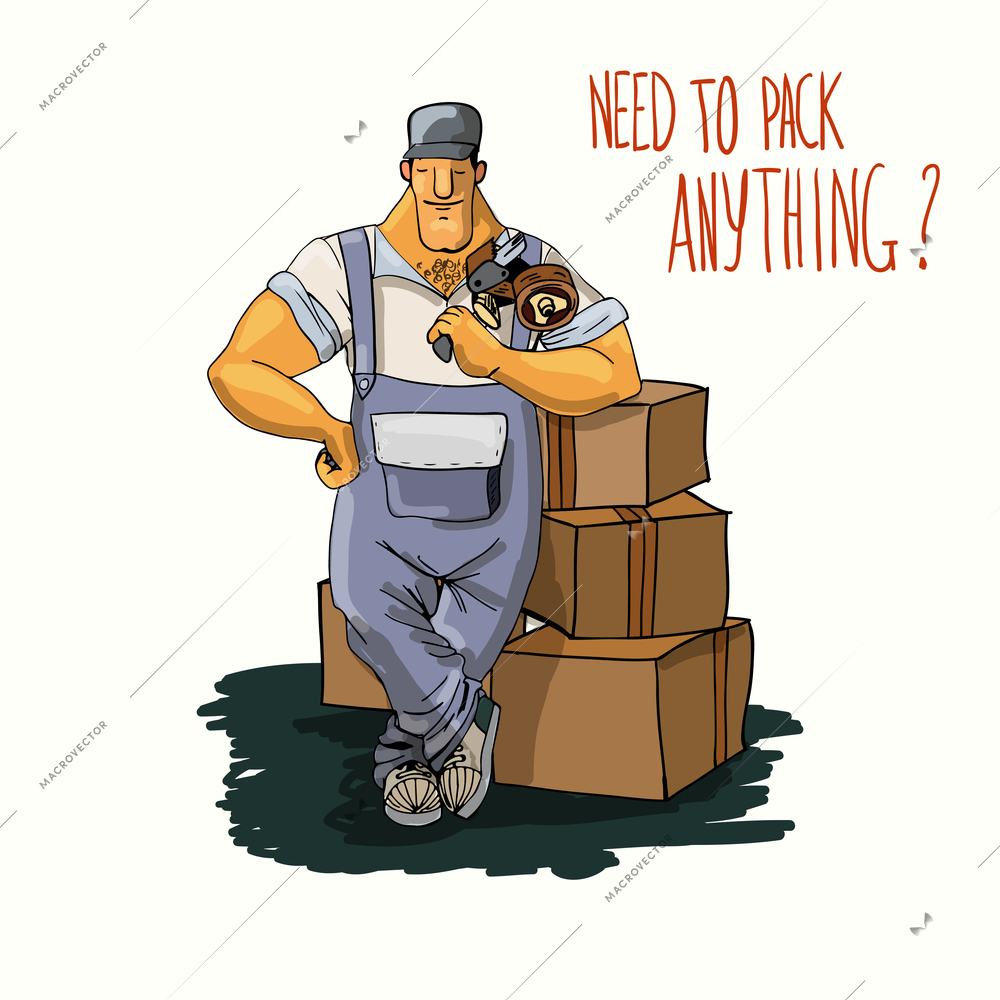 Muscular delivery service worker with cardboard boxes and tape dispenser poster vector illustration