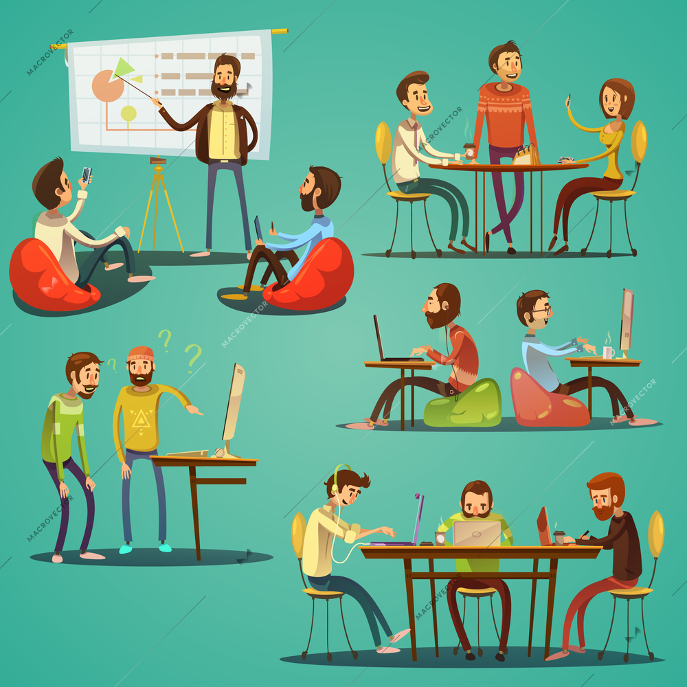 Coworking retro cartoon set with freelancers working in creative space isolated vector illustration