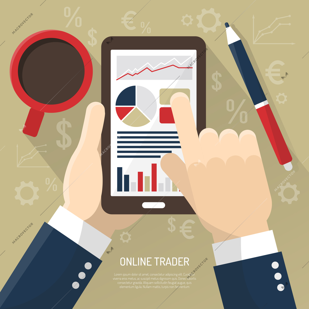 Stock market on smartphone with hands of trader cup of coffee stylus on beige background vector illustration