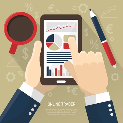 Stock market on smartphone with hands of trader cup of coffee stylus on beige background vector illustration