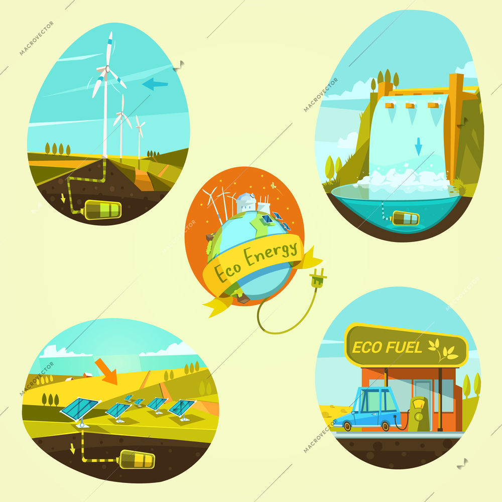 Ecological energy retro style cartoon concept set isolated vector illustration