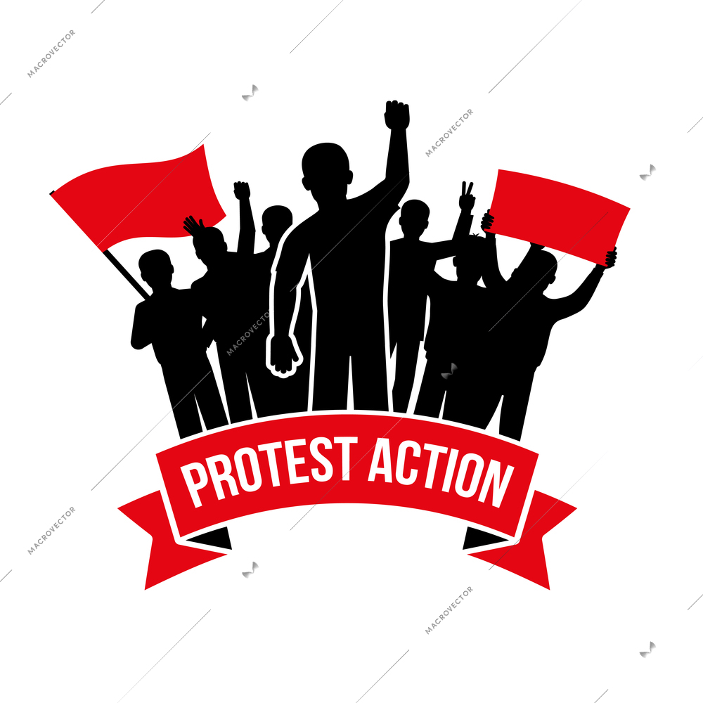 Protest action emblem with crowd demanding men and flag placard inscription on white background isolated vector illustration