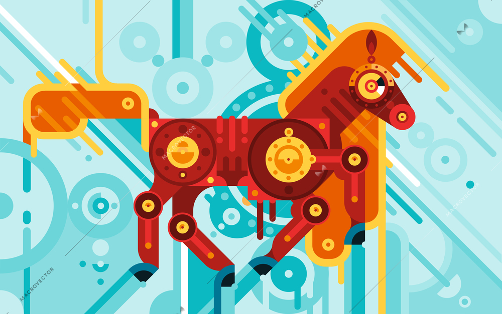 Mechanic horse design concept with swivel mechanism in middle and abstract circles in pattern background flat vector illustration