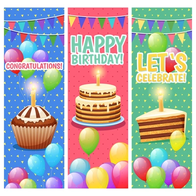 Congratulations and celebrations colorful vertical banners set with balloons cakes and happy birthday text isolated vector illustration