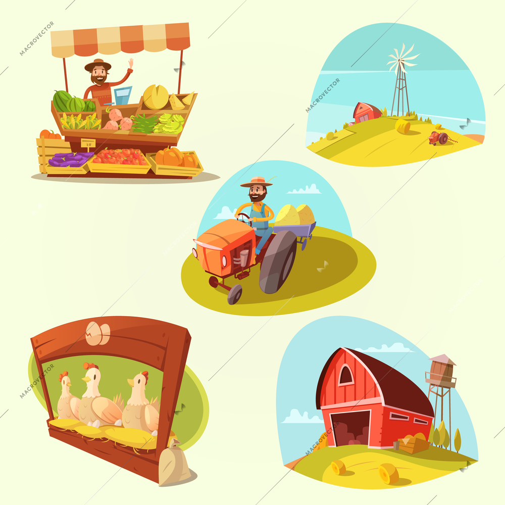 Farm cartoon set with farmer and products on yellow  background isolated vector illustration