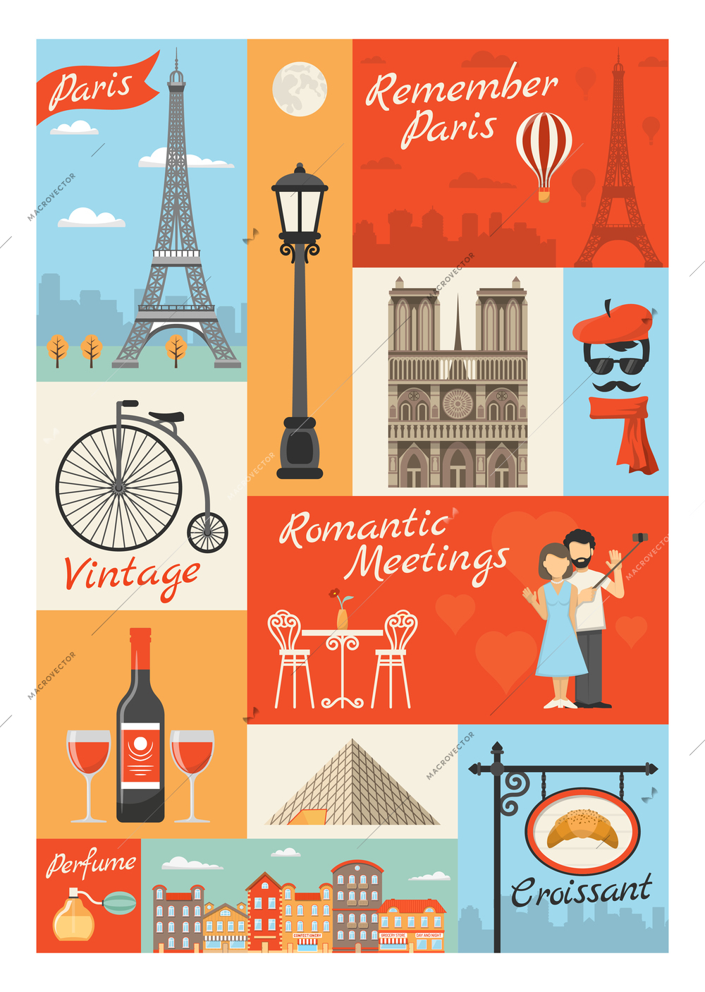 France paris vintage style icons set with louvre streetlight perfume croissant actor eiffel tower isolated vector illustration