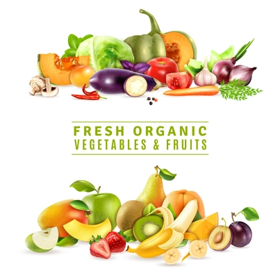 Colorful organic design concept with two collections of fresh vegetables and fruits in realistic style vector illustration
