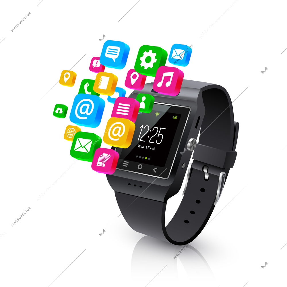 Black realistic smart watch tasks and applications colorful isometric symbols display outside device white background vector illustration