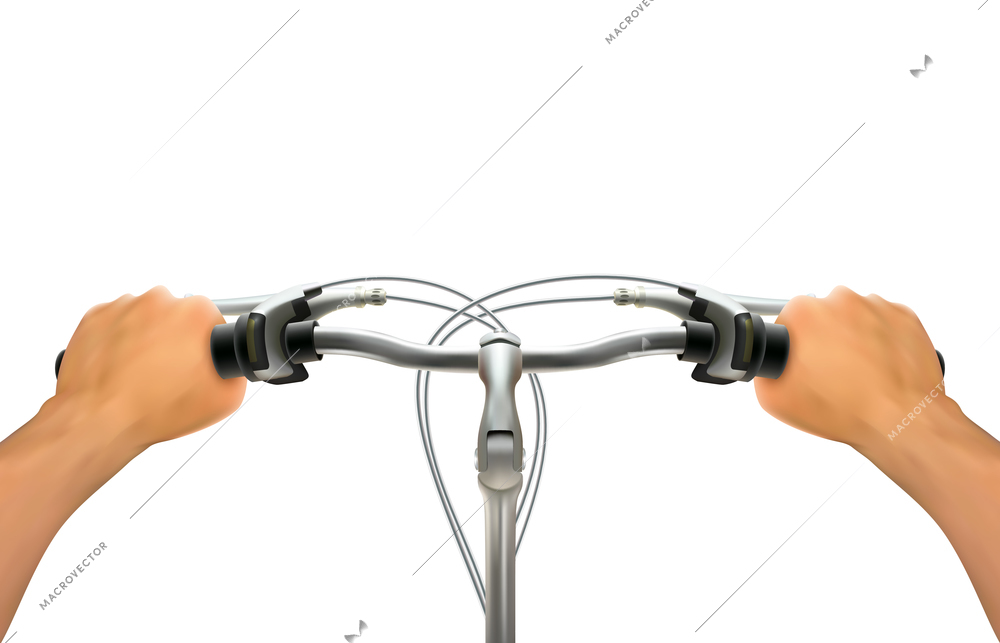 Handlebar hand composition realistic hands on bicycle steering wheel on white background isolated colored vector illustration