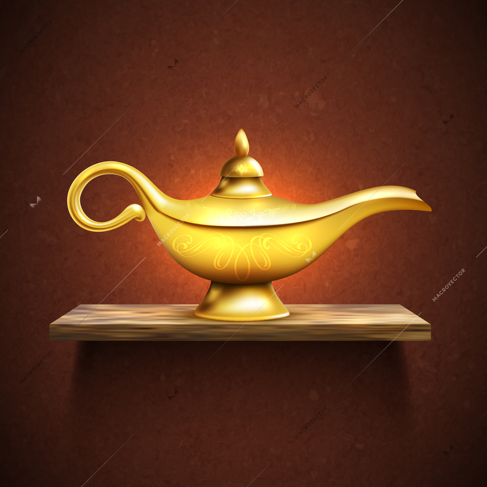 Realistic Aladdin golden lamp on wooden shelf colored poster with magical glow vector illustration