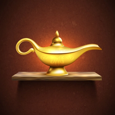 Realistic Aladdin golden lamp on wooden shelf colored poster with magical glow vector illustration