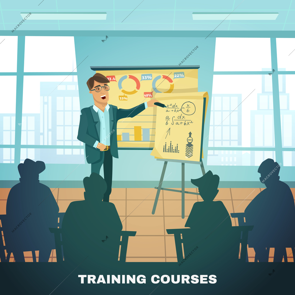 Classic education and training courses for advanced students and scholars  with teacher in classroom  abstract vector illustration